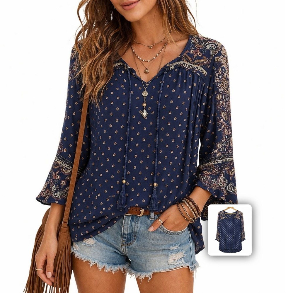 Angie Paisley Tunic Blouse Tassel‎ Tie 3/4 Sleeve Rayon Peasant Top S